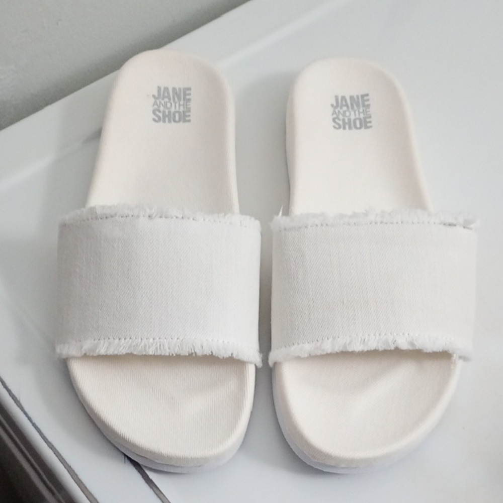 Jane and the Shoe Cream Frayed Slide Sandals